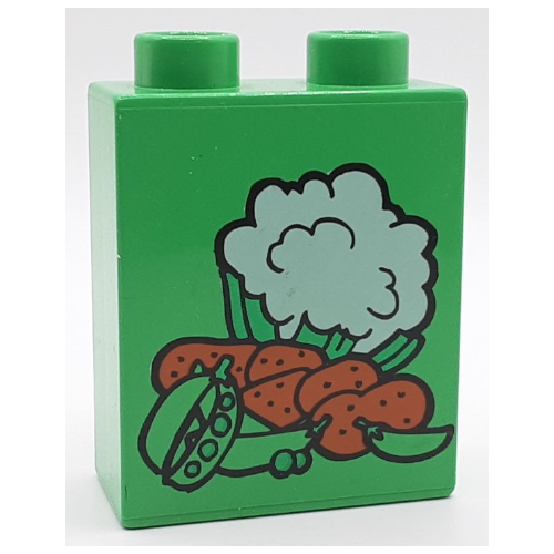 Lego Duplo Brick 1 x 2 x 2 with Cauliflower, Peas and Potatoes Print / Bright Green