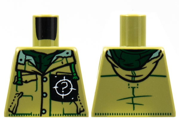 Lego Torso Button Up Shirt with Hood, Open Collar, Dark Green Trim, White '?' on Black Pocket Patch Pattern / Olive Green