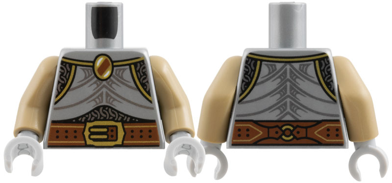 Lego Torso Armor Breast Plate with Gold Trim over Silver Chain Mail, Brooch, Reddish Brown Belt with Buckle, Straps and Ring on Back Pattern / Dark Tan Arms / Light Bluish Gray Hands