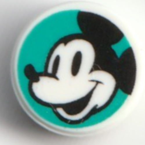 Lego Tile Round 1 x 1 with Mickey Mouse, From Side on Dark Turquoise Background Print / White
