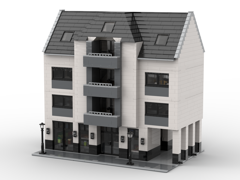 Lego Modern town house with supermarket, insurance office and a luxury maisonette apartment with gallery