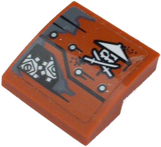 Lego Slope, Curved 2 x 2 x 2/3 with Ninja Skull with Crossed Swords, Rivets and Gears Pattern Model Left Side (Sticker) - Set 70603