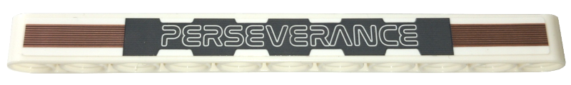 Lego Technic, Liftarm Thick 1 x 11 with 'PERSEVERANCE' on Dark Bluish Gray Background with Medium Nougat Stripes Pattern (Sticker) - Set 42158
