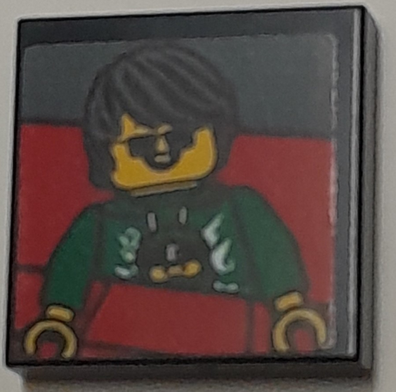 Lego Tile 2 x 2 with Photo of Boy Minifigure with Black Hair, Sunglasses and Green Top in Red Roller Coaster Seat Pattern (Sticker) - Set 40429 / Black