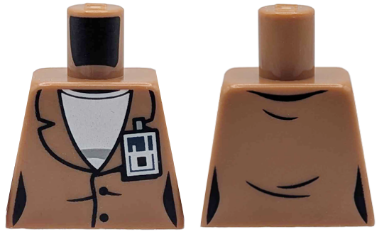 Lego Torso Female Suit Jacket with Black Buttons and Creases over White Shirt with Light Bluish Gray Stripe, ID Badge Pattern / Medium Nougat