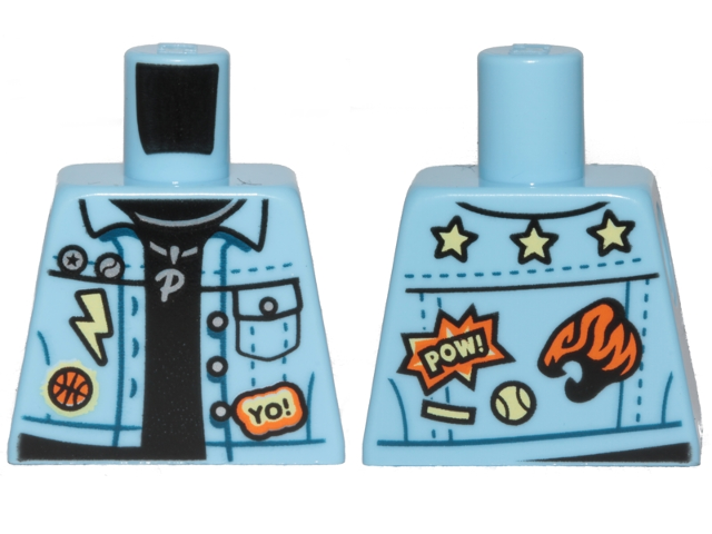 Lego Torso Denim Jacket over Black Shirt with Badges, 'YO!', 'POW!' and Silver Necklace with 'P' Pendant Pattern / Bright Light Blue