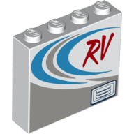 Lego Brick 1 x 4 x 3 with Red 'RV', Light Bluish Grey/Medium Blue Sickles / White
