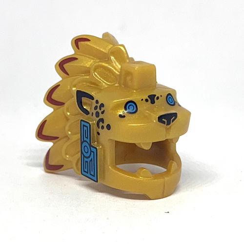 Lego Headdress Aztec Jaguar with Dark Red Feather Mane, Dark Azure Eyes and Panels Print / Pearl Gold