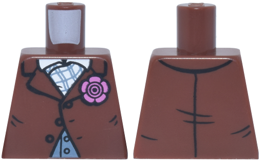 Lego Torso Suit Jacket with Buttons and Dark Pink Flower over Sand Blue Vest, White Shirt Collar and Plaid Ascot Pattern