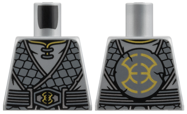 Lego Torso Tunic, Dark Bluish Gray Scale Hems, Silver and Gold Trim Pattern / Flat Silver