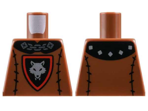 Lego Torso Black Collar, Shield with Red Border, and Stitching, Silver Chain and Wolf Head Pattern / Reddish Brown