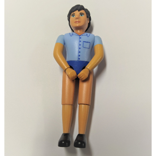 Lego Belville Figure Fixed Elbows, Male, Black Hair, Light Blue Shirt, Blue Short Pants