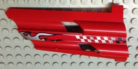 Lego Technic, Panel Fairing # 4 Large Long, Large Holes, Side B with Silver Flame and Fading Checkered Pattern (Sticker) - Set 8279 / Red