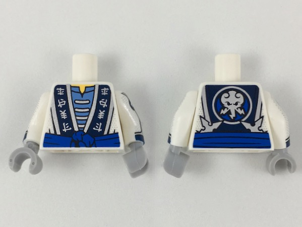 Lego Torso Ninjago Robe with Elemental Logogram, Blue Sash Pattern / White Arms with Dark Blue Cuffs, Water Symbols on Circles, Silver Trim and Dots Pattern / Light Bluish Gray Hands