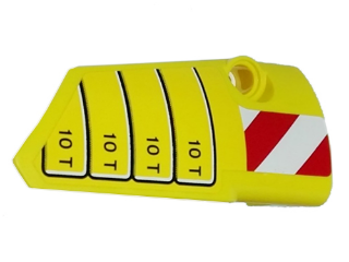 Lego Technic, Panel Fairing # 4 Small Smooth Long, Side B with '10 T' and Red and White Danger Stripes Pattern (Sticker) - Set 42009 / Yellow