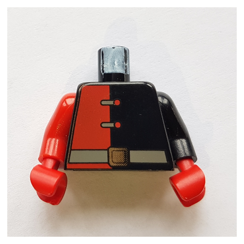 Lego Torso, Odd Arms, Jumpsuit with Red Half, Clasps and Belt Print, Left Black Arm, Right Red Arm, Red Hands / Black