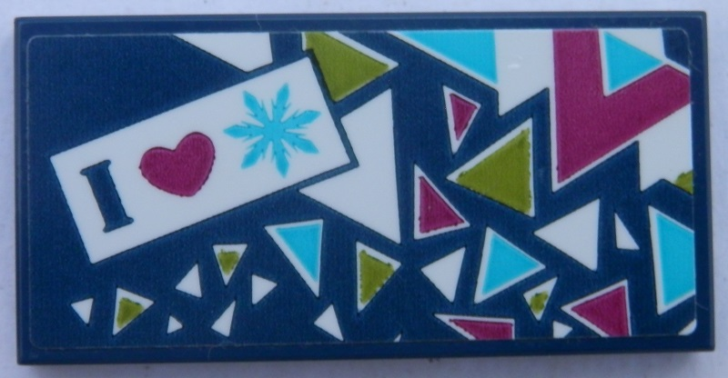 Lego Tile 2 x 4 with 'I', Heart and Snowflake on Dark Blue Background Pattern with Triangles (Sticker) - Set 41321 / Dark Blue