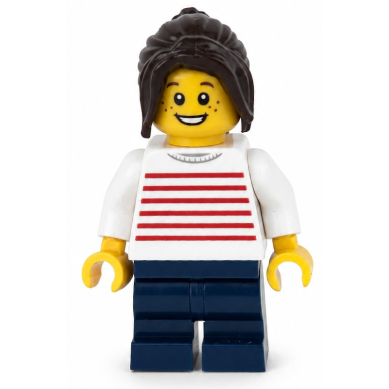 Lego Kid, White Torso, Dark Blue Medium Legs, Dark Brown Hair