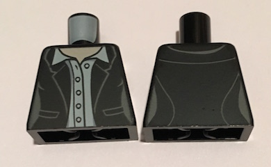 Lego Torso Female Jacket Open over White Shirt with Light Nougat Neck, Collar, 5 Buttons and 2 Pockets Pattern / Black
