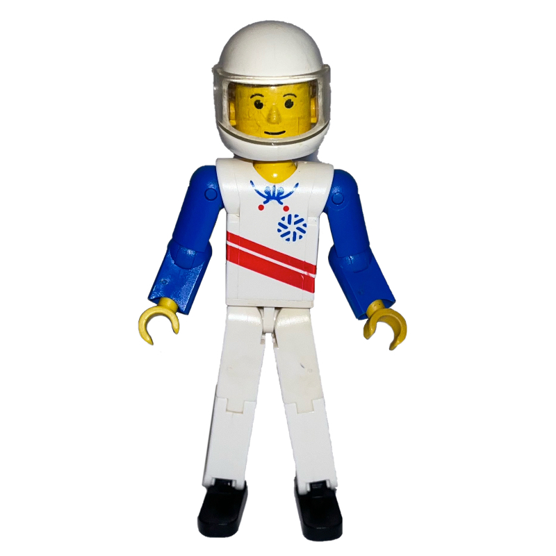 Lego Technic Figure White Legs, White Top with Red Stripes Print, Blue Arms, White Helmet
