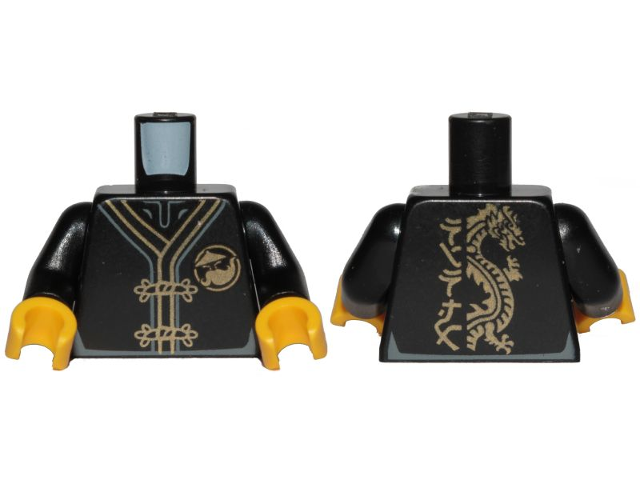 Lego Torso Ninjago Robe with Gold Frog Clasps, Gold Sensei Wu Emblem Front and Gold Dragon Back Pattern / Black Arms / Yellow Hands