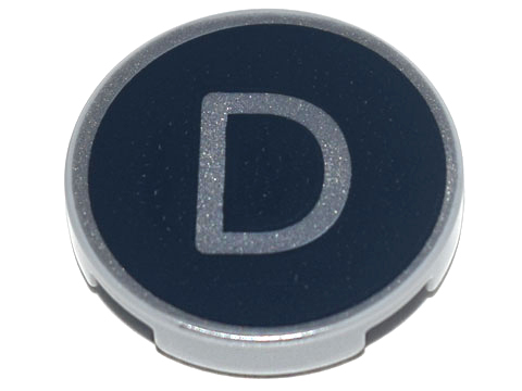 Lego Tile, Round 2 x 2 with Bottom Stud Holder with Silver Capital Letter D on Black Background Pattern / Light Bluish Gray