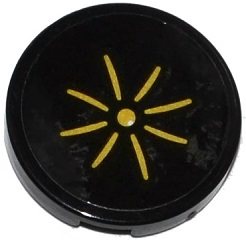 Lego Tile, Round 2 x 2 with Bottom Stud Holder with Cushion with Gold Button Pattern (Sticker) - Set 41135 / Black