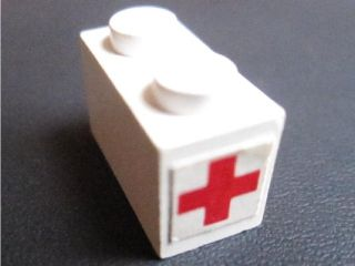 Lego Brick 1 x 2 with Red Cross Pattern on Both Ends (Stickers) - Set 606-1 / White