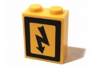 Lego Brick 1 x 2 x 2 with Inside Axle Holder with Electricity Danger Sign Pattern Right (Sticker) - Set 3179 / Yellow