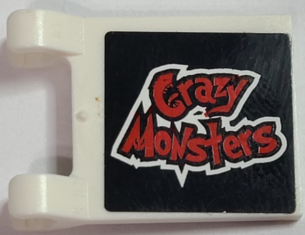 Lego Flag 2 x 2 Square with Flat Edge with Red 'Crazy Monsters' on Black Background Pattern on Both Sides (Stickers) - Set 8182 / White