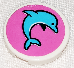 Lego Tile, Round 2 x 2 with Bottom Stud Holder with Medium Azure Jumping Dolphin on Dark Pink Background Pattern Model Right Side (Sticker) - Set 41347 / White