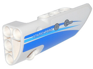 Lego Technic, Panel Fairing # 4 Small Smooth Long, Side B with Blue Curved Stripes and 'STATIC PORT' Pattern (Sticker) - Set 42025 / White