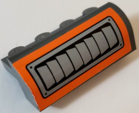 Lego Slope, Curved 2 x 4 x 1 1/3 with 4 Recessed Studs with Engine Exhausts on Orange Background Pattern Model Right Side (Sticker) - Set 60103 / Dark Bluish Gray