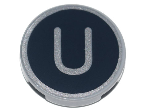 Lego Tile, Round 2 x 2 with Bottom Stud Holder with Silver Capital Letter U on Black Background Pattern / Light Bluish Gray