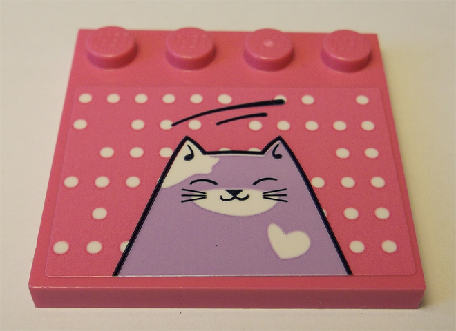 Lego Tile, Modified 4 x 4 with Studs on Edge with White Dots and Medium Lavender Cat Pattern (Sticker) - Set 41342