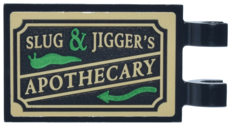 Lego Tile, Modified 2 x 3 with 2 Open O Clips with Tan Sign with 'SLUG & JIGGER'S APOTHECARY' and Bright Green Slug and Arrow Pattern (Sticker) - Set 76471 / Black