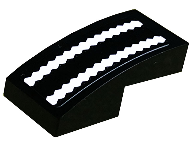 Lego Slope, Curved 2 x 1 x 2/3 with White Zigzag Lines Pattern (Sticker) - Set 10291 / Black