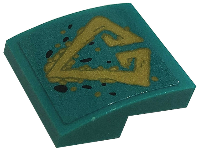 Lego Slope, Curved 2 x 2 x 2/3 with Black Spots and Gold Diamond Tribal Symbol Tattoo Pattern (Sticker) - Set 71746 / Dark Turquoise