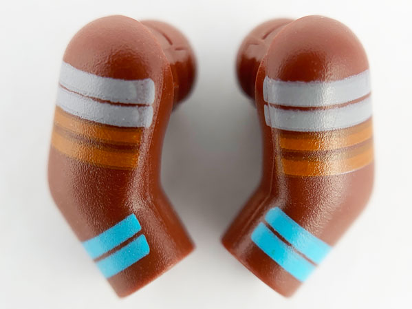 Lego Arm, (Matching Left and Right) Pair with Light Bluish Gray, Orange and Medium Azure Stripes Pattern / Reddish Brown