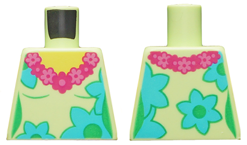 Lego Torso Female, Dark Pink and Magenta Lei, Medium Azure and Bright Green Flowers Pattern / Yellowish Green