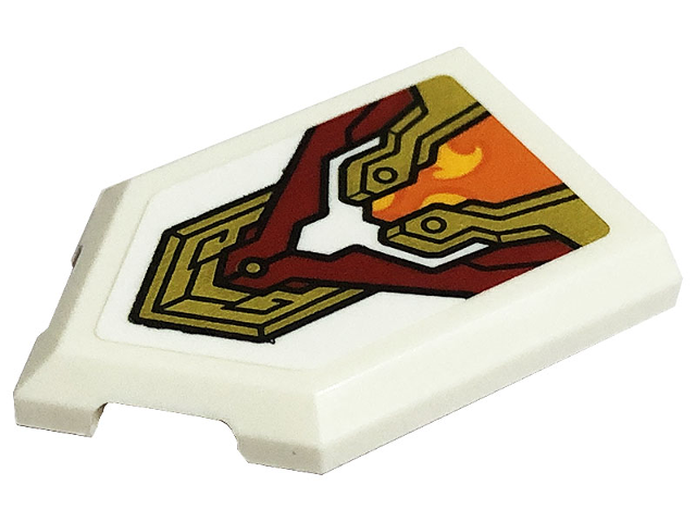 Lego Tile, Modified 2 x 3 Pentagonal with Dark Red and Gold Armor Plates, Bright Light Orange and Orange Flames Pattern (Sticker) - Set 80034 / White