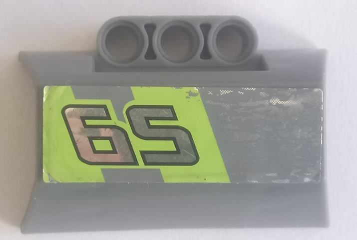 Lego Technic, Panel Engine Block Half / Side Intake with Silver '65' on Lime Stripes Pattern Model Right Side (Sticker) - Set 8496 / Dark Bluish Gray
