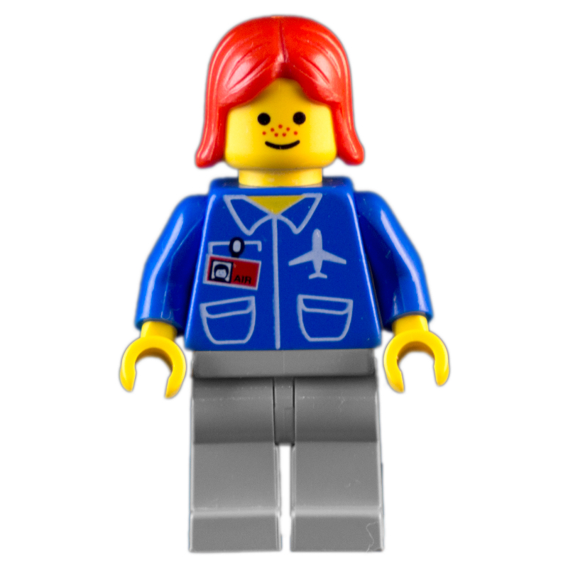 Lego Blue Torso, Light Gray Legs, Red Hair