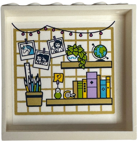 Lego Panel 1 x 6 x 5 with Shelves, Hanging Lights, Photos, Plant, Globe, Books and Pencils in Cup on Gold Lattice Background Pattern (Sticker) - Set 41740 / White
