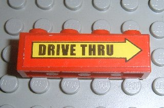 Lego Brick 1 x 4 with Black 'DRIVE THRU' on Yellow Arrow Pattern (Sticker) - Set 3438