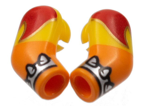 Lego Arm, (Matching Left and Right) Pair with Yellow Short Sleeves, Red Flame, Silver Spike Cuff Pattern / Orange