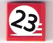 Lego Tile 2 x 2 with Black '23' on White Background and 3 White Stripes on Red Background Pattern (Sticker) - Set 75876