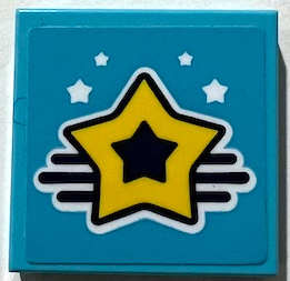 Lego Tile 2 x 2 with Yellow Star, 3 Black Lines, and 4 White Stars Pattern (Sticker) - Set 41372 / Medium Azure