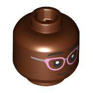 Lego Minifig Head Black Eyebrows, Smile/Bright Pink Glasses / Reddish Brown