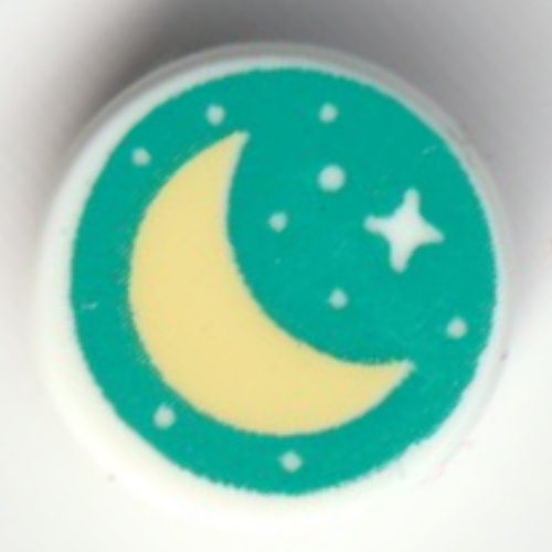 Lego Tile Round 1 x 1 with Moon, Stars on Dark Turquoise Background Print / White